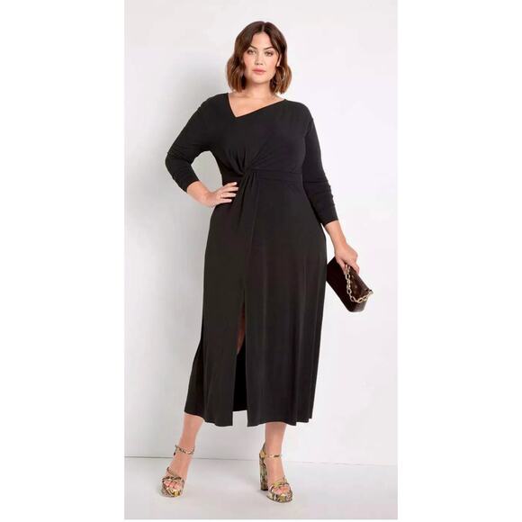 Eloquii Black Twist Detail Stretch Fit and Flare Midi Dress NWT 20W - Picture 1 of 9